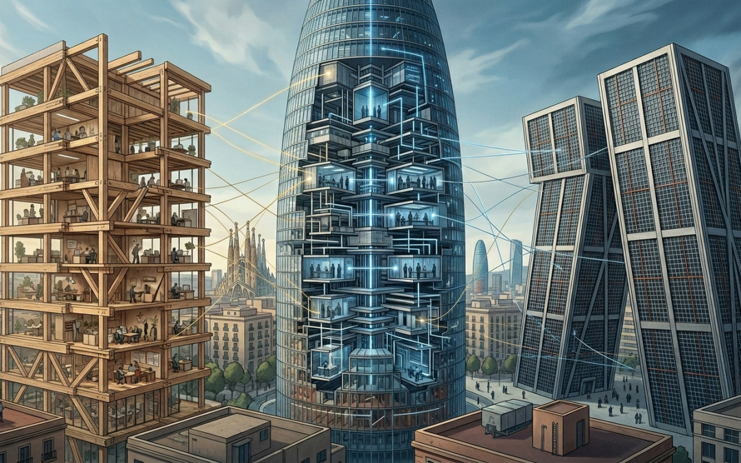 Conceptual architectural illustration showing a cross-section of three stylized buildings (Pyme with unstable Catalan timber, Large Corporation as a maze-like seccionated Torre Agbar, and Public Sector as blocked Torres Kio) within a Barcelona cityscape, illustrating the absence of effective social support and systemic failure in the management of psychosocial risks