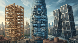 Conceptual architectural illustration showing a cross-section of three stylized buildings (Pyme with unstable Catalan timber, Large Corporation as a maze-like seccionated Torre Agbar, and Public Sector as blocked Torres Kio) within a Barcelona cityscape, illustrating the absence of effective social support and systemic failure in the management of psychosocial risks