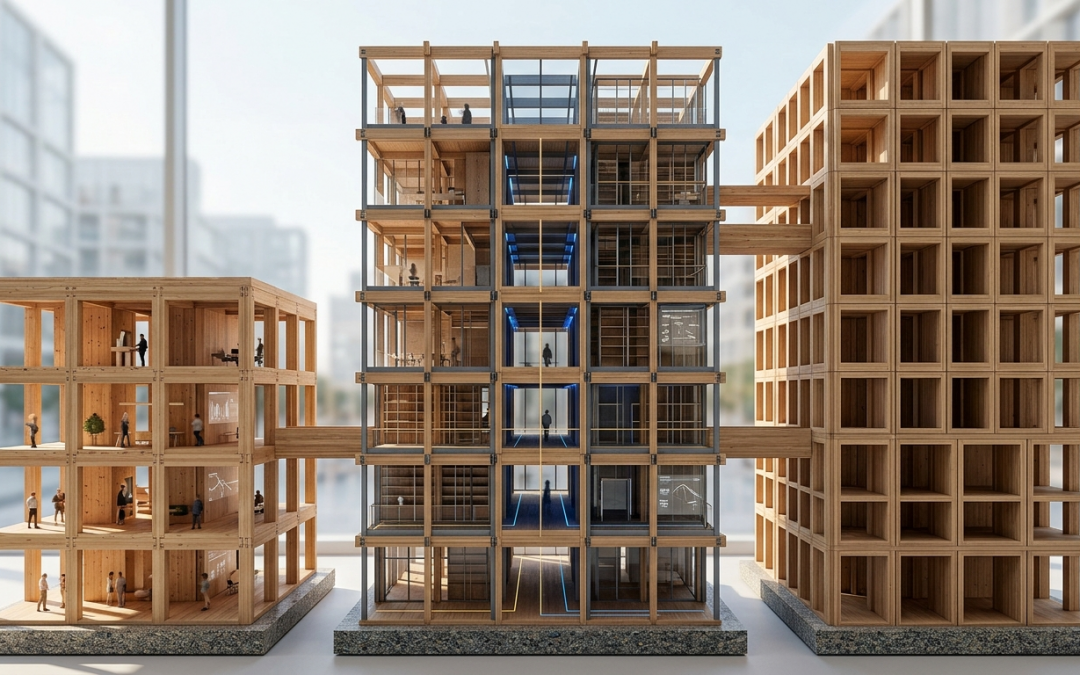 Conceptual architectural model showcasing structural management of psychosocial risks within distinct Catalan organizations: SME, Corporation, and Public Sector, built using sustainable timber (CLT and glulam)