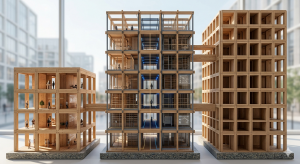 Conceptual architectural model showcasing structural management of psychosocial risks within distinct Catalan organizations: SME, Corporation, and Public Sector, built using sustainable timber (CLT and glulam)