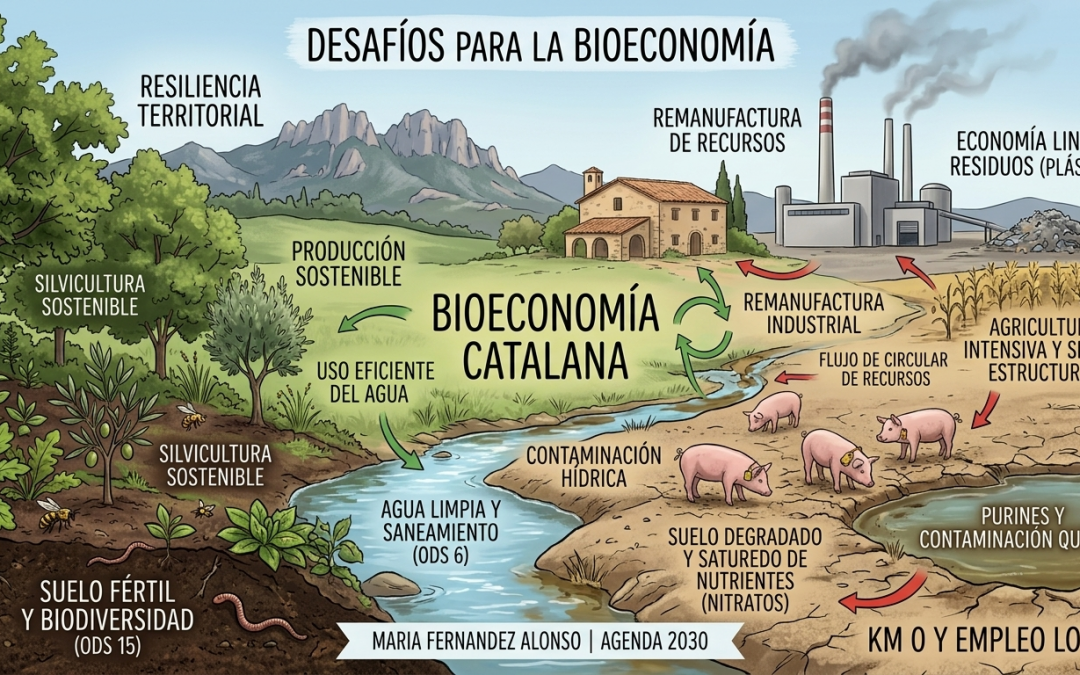 Diagrama comparativo de bioeconomía catalana: impacto ambiental de la ganadería intensiva frente a gestión forestal sostenible