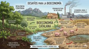 Diagrama comparativo de bioeconomía catalana: impacto ambiental de la ganadería intensiva frente a gestión forestal sostenible
