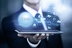 Digital CRM interface displaying data icons to enhance customer satisfaction and professional service management.