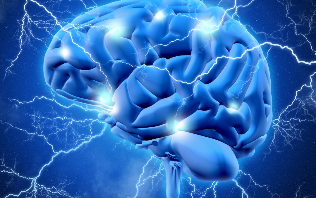 Ilustración de un cerebro humano rodeado de impulsos eléctricos azules, representando el procesamiento binario de la información y la actividad cognitiva en el Síndrome de Asperger