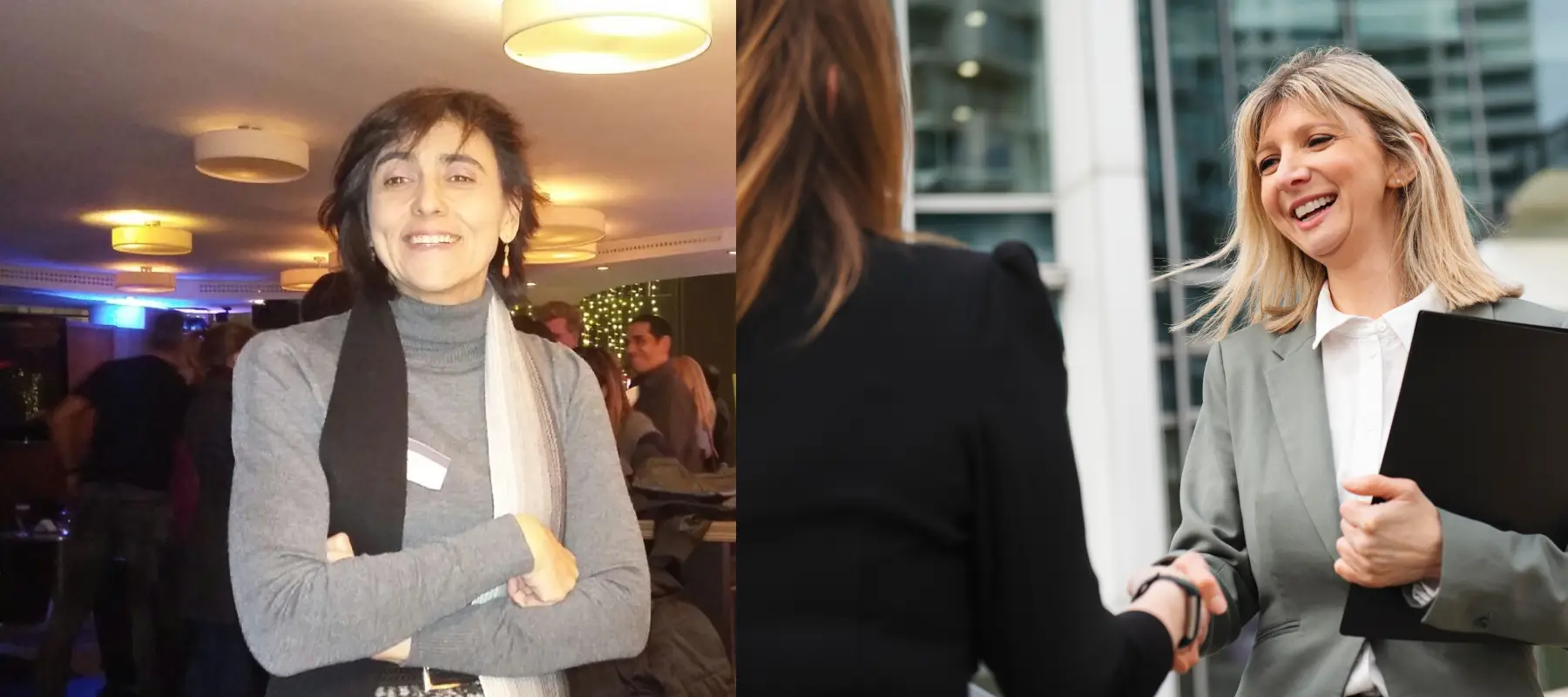 Dual composition showing Maria Fernandez Alonso at a professional event and a business handshake, representing institutional relations and strategic networking.