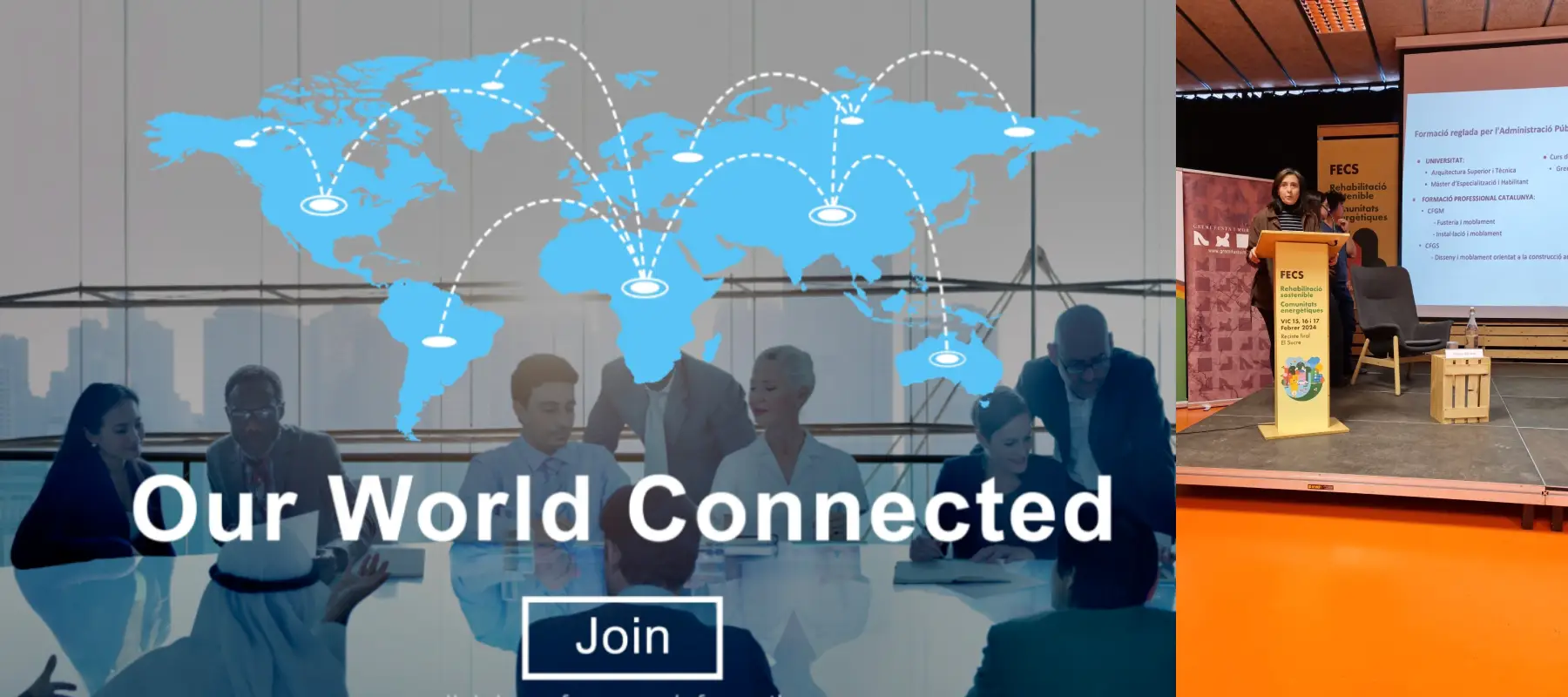 A composite image featuring a global connectivity graphic on the left and Maria Fernandez Alonso delivering a presentation at the FECS trade exhibition on the right.