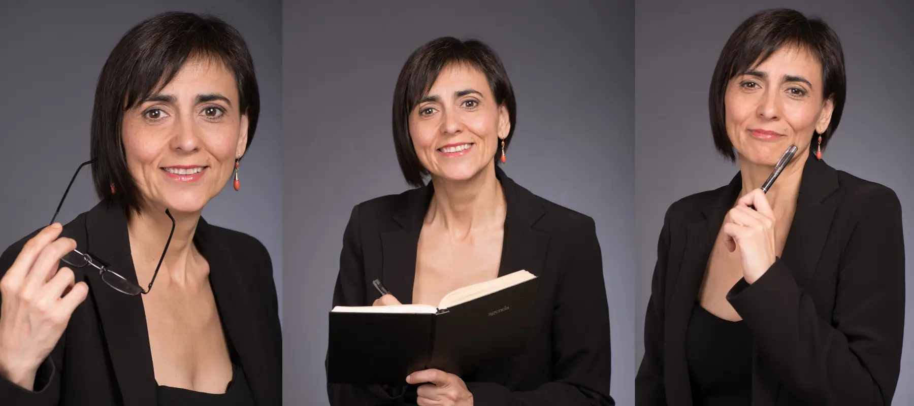 A high-resolution triptych of Maria Fernández Alonso showcasing three stages of critical thinking: open analysis (left with glasses), active reflection (centre with notebook), and analytical synthesis (right with pen).