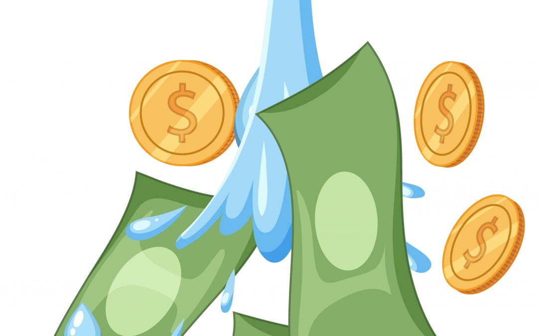 Ilustración conceptual de un grifo metálico goteando agua, billetes de dólar y monedas de oro, simbolizando el ahorro económico derivado de la eficiencia hídrica.