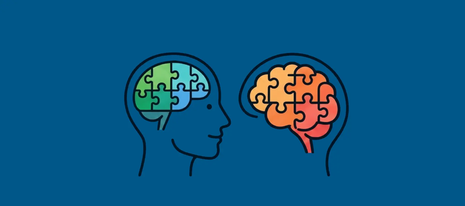 Vector illustration of two human profiles with puzzle-piece brains in green and orange, representing neurodiversity and inclusive pedagogical strategies.