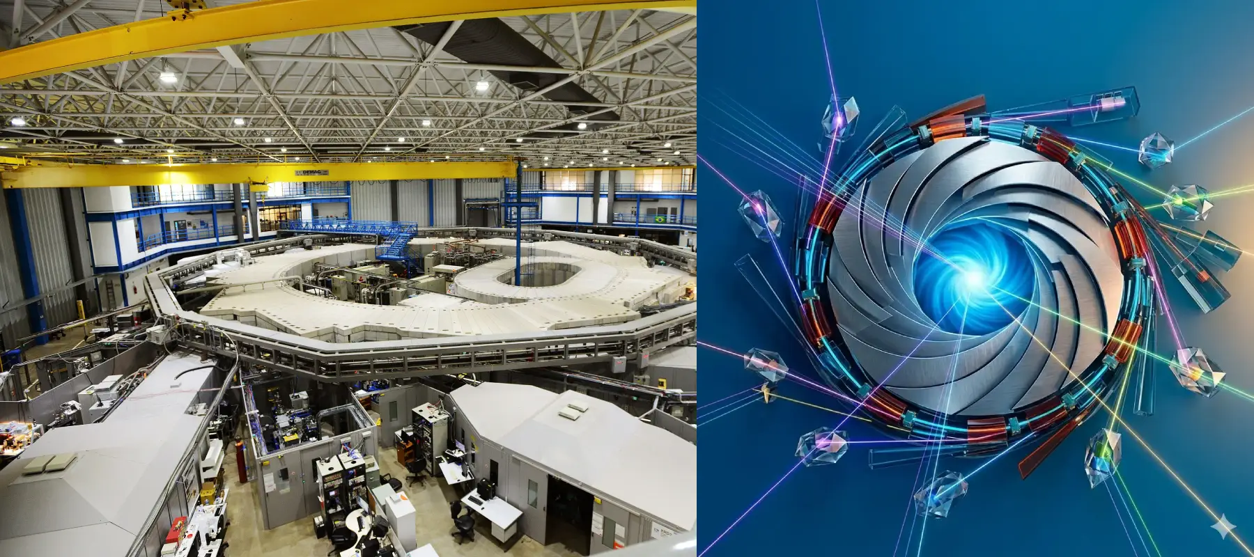 Panoramic view of the ALBA Synchrotron facility combined with a conceptual technological iris, representing advanced industry 4.0 and strategic management.