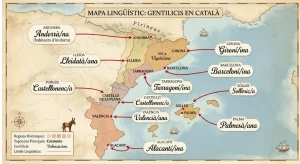 Mapa lingüístic dels territoris de parla catalana amb anotacions de topònims i gentilicis.