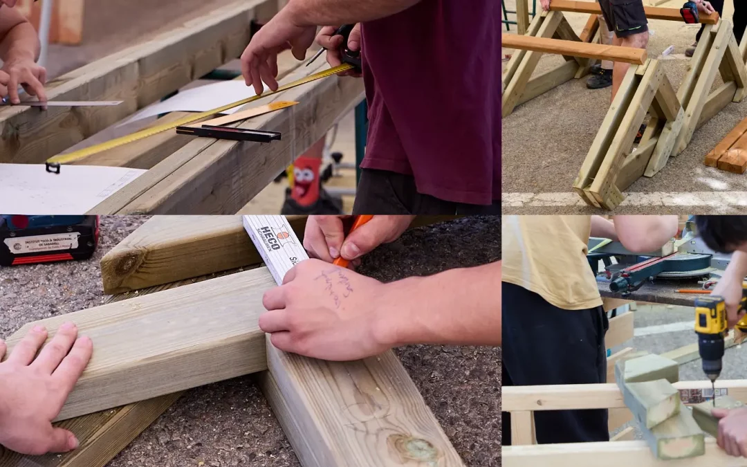ollage de detalls tècnics del Concurs de Construcció Ràpida en Fusta a Firhàbitat, mostrant l'ús d'eines i muntatge d'estructures per a la gestió de projectes sostenibles