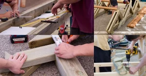 ollage de detalls tècnics del Concurs de Construcció Ràpida en Fusta a Firhàbitat, mostrant l'ús d'eines i muntatge d'estructures per a la gestió de projectes sostenibles