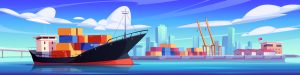 An illustration of a large cargo vessel loaded with shipping containers at a port terminal with cranes and a city skyline, representing maritime Incoterms.