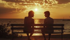 Dues persones conversant davant del mar durant la posta de sol, una imatge que simbolitza la importància de viure el present i no ajornar la vida