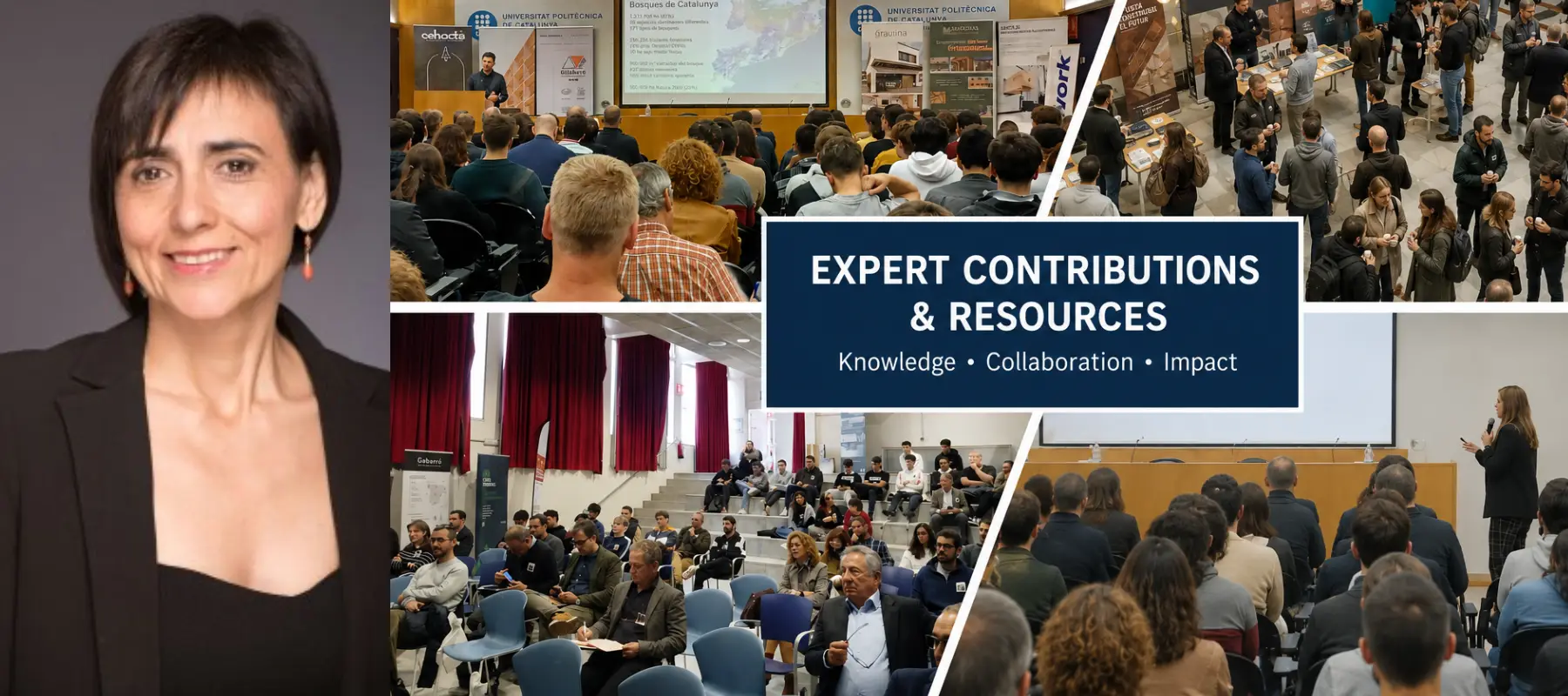 Collage of conferences, professional networking events and expert collaboration representing the Expert Contributions & Resources section of Maria Fernandez Alonso's knowledge blog.