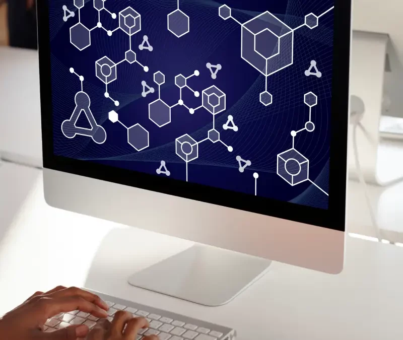 Representació digital de la indústria química amb estructures moleculars i eines informàtiques que simbolitzen la innovació, la recerca i la transformació tecnològica del sector químic a Catalunya.