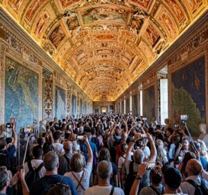 Crowded Gallery of Maps in the Vatican Museums with tourists photographing the vaulted ceiling.