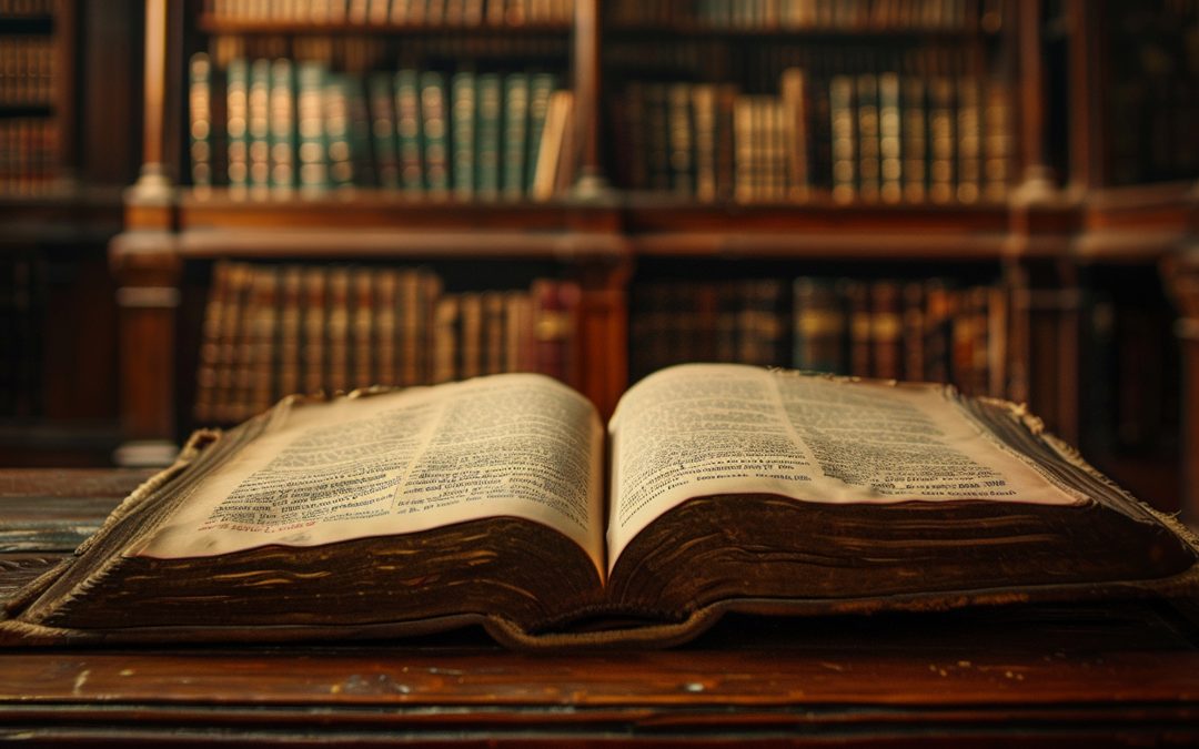 Open historical book in a library with shelves of old books in the background