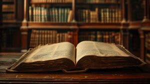 Open historical book in a library with shelves of old books in the background
